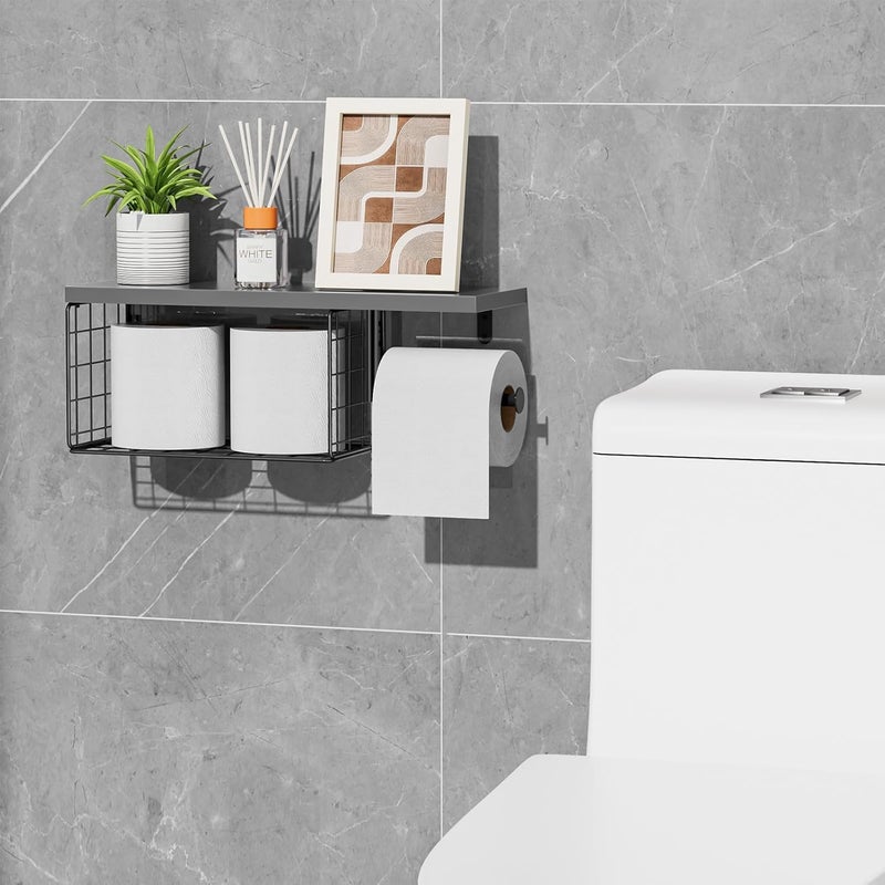 VITVITI Toilet Paper Holder with Shelf, Wall Mounted Toilet Paper Storage Basket, Wood Metal Toilet Roll and Wipes Holder for Bathroom Farmhouse (Gray) - Image 4